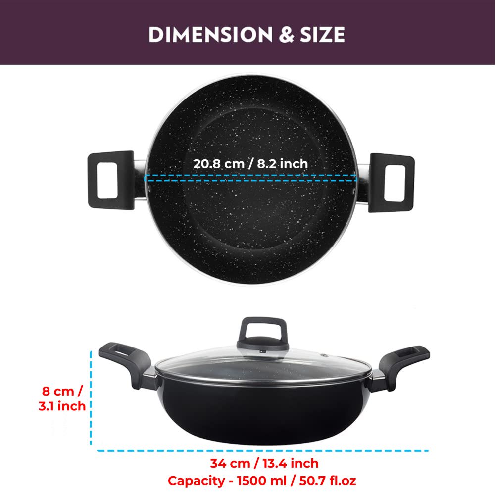 Borosil Granito Non-stick Kadhai With Glass Lid, Induction Friendly, Granite Finish, PFOA-free, 20 cm Diameter