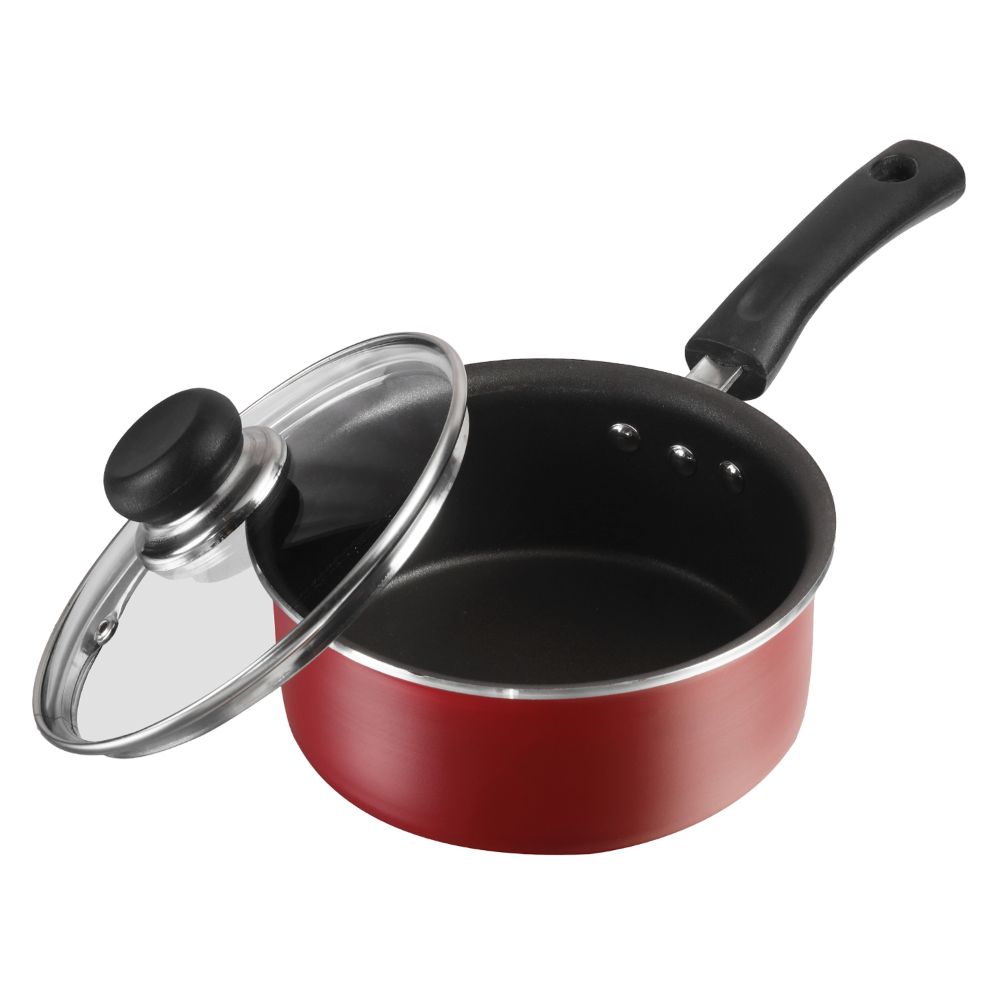 Vinod Aluminium Zest Inducto Non Stick Sauce Pan with Glass Lid - 16cm, 1.6 Litre, 3 mm/Triple Layer, Bakelite Handle, Toxin Free/Induction and Gas Base - Red (2 Year Warranty)