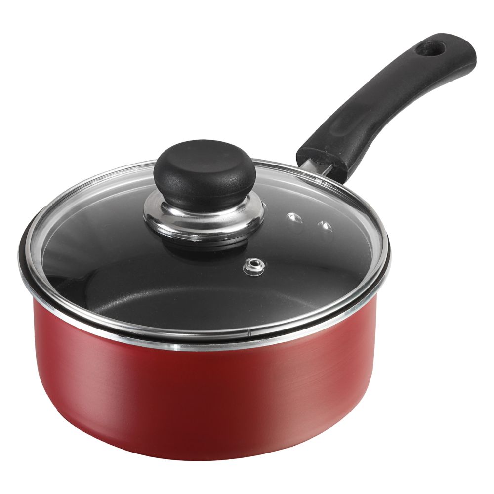 Vinod Aluminium Zest Inducto Non Stick Sauce Pan with Glass Lid - 16cm, 1.6 Litre, 3 mm/Triple Layer, Bakelite Handle, Toxin Free/Induction and Gas Base - Red (2 Year Warranty)
