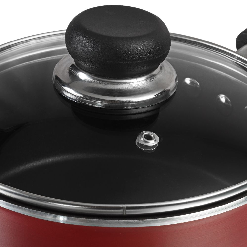 Vinod Aluminium Zest Inducto Non Stick Sauce Pan with Glass Lid - 16cm, 1.6 Litre, 3 mm/Triple Layer, Bakelite Handle, Toxin Free/Induction and Gas Base - Red (2 Year Warranty)