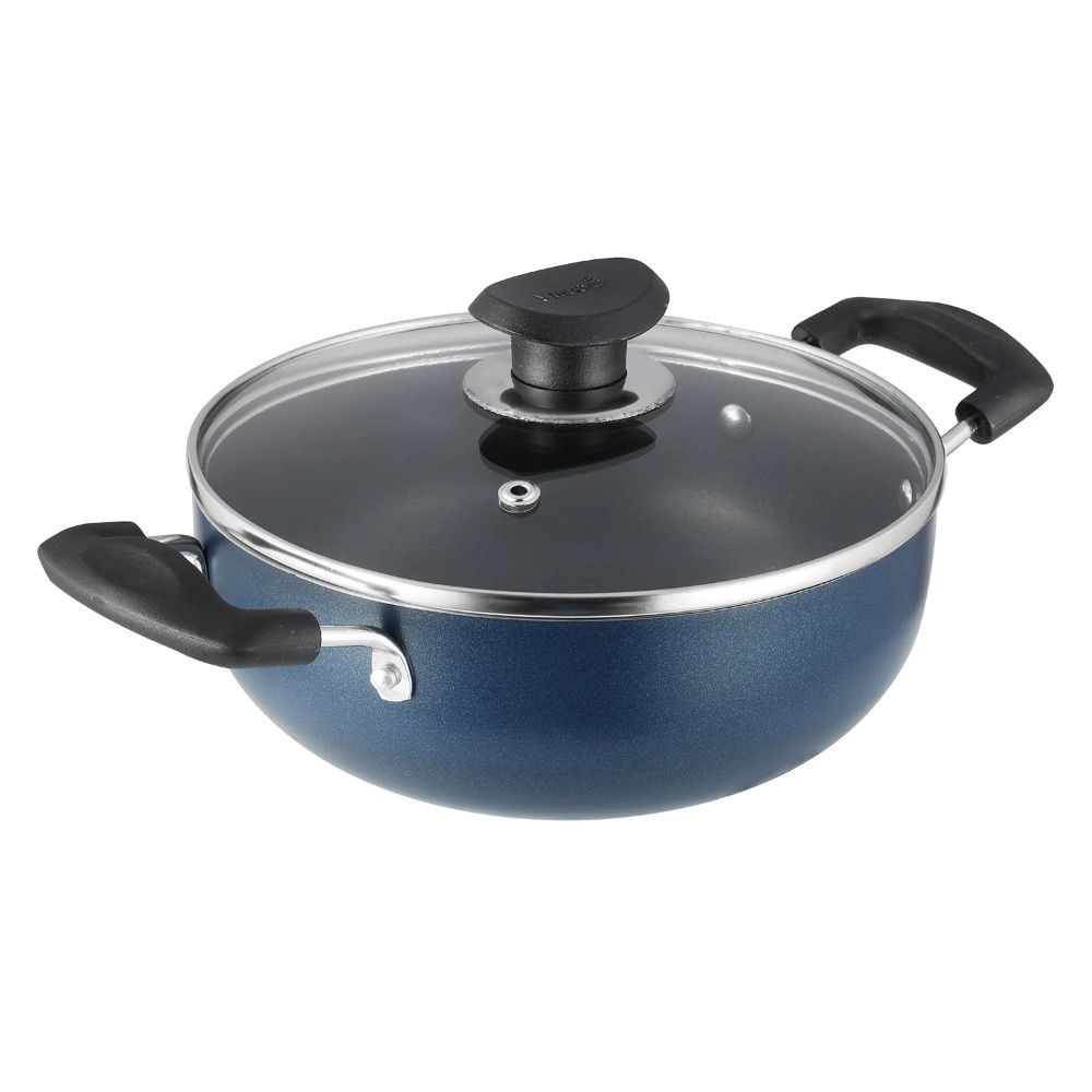 Vinod Zest Non-Stick Deep Kadai with Glass Lid 4.1 litres Capacity (26 cm Diameter) with Riveted Sturdy Bakelite Handles (Gas Stove Compatible) PFOA Free - 3mm Thickness, Blue