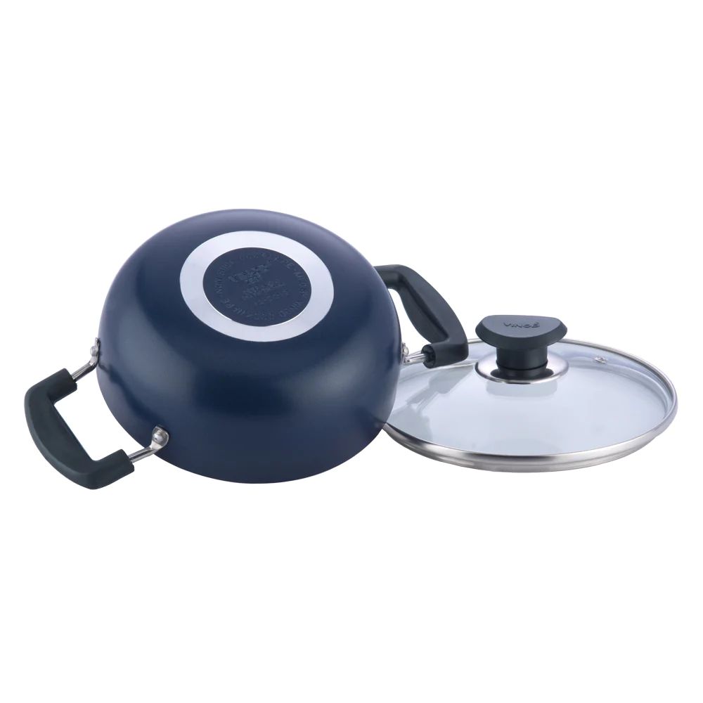 Vinod Zest Non-Stick Deep Kadai with Glass Lid 4.1 litres Capacity (26 cm Diameter) with Riveted Sturdy Bakelite Handles (Gas Stove Compatible) PFOA Free - 3mm Thickness, Blue