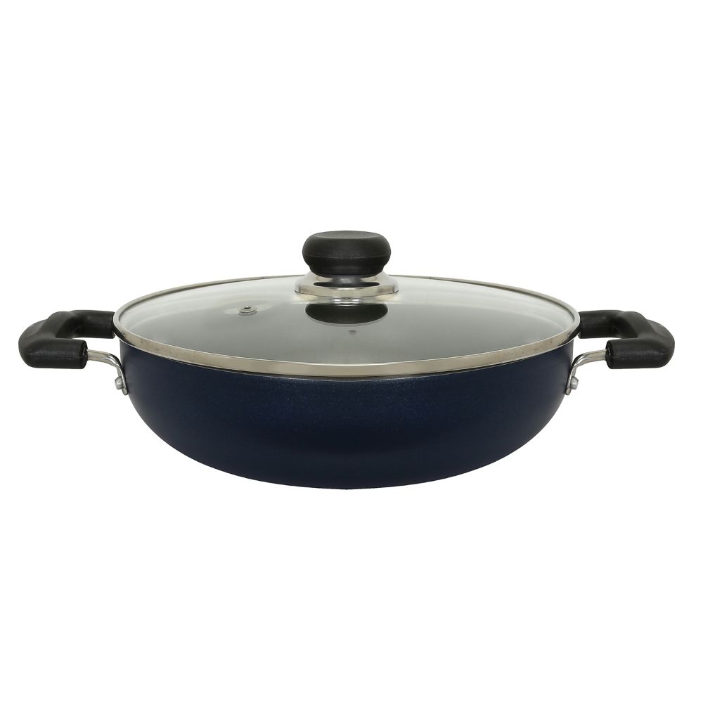 Vinod Zest Non-Stick Kadai with Glass Lid 2.8 litres Capacity (24 cm Diameter) with Riveted Sturdy Bakelite Handles (Gas Stove Compatible) PFOA Free - 3mm Thickness, Blue