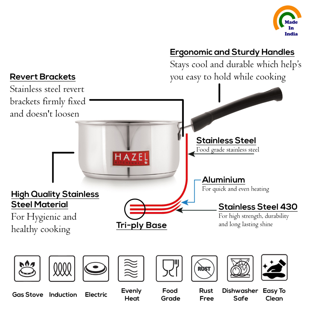 HAZEL Induction Bottom Sauce Pan Stainless Steel Saucepan Deep Bottom With Handle Induction Base For Tea Milk Maker Vessel Cooking, 14.2 cm, 1250 ML