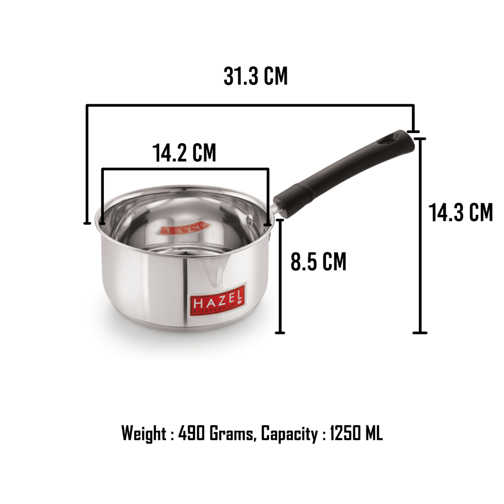 HAZEL Induction Bottom Sauce Pan Stainless Steel Saucepan Deep Bottom With Handle Induction Base For Tea Milk Maker Vessel Cooking, 14.2 cm, 1250 ML