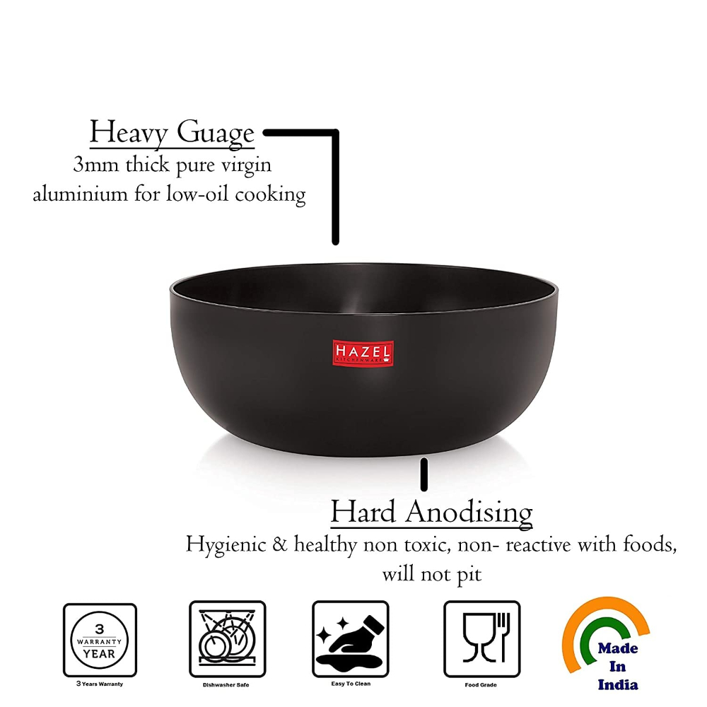 HAZEL Hard Anodised Tasra Tasla | Deep Anodized Kadhai without Handle Cookware Utensil For Frying, 1800 ml, 19.8 cm, Black