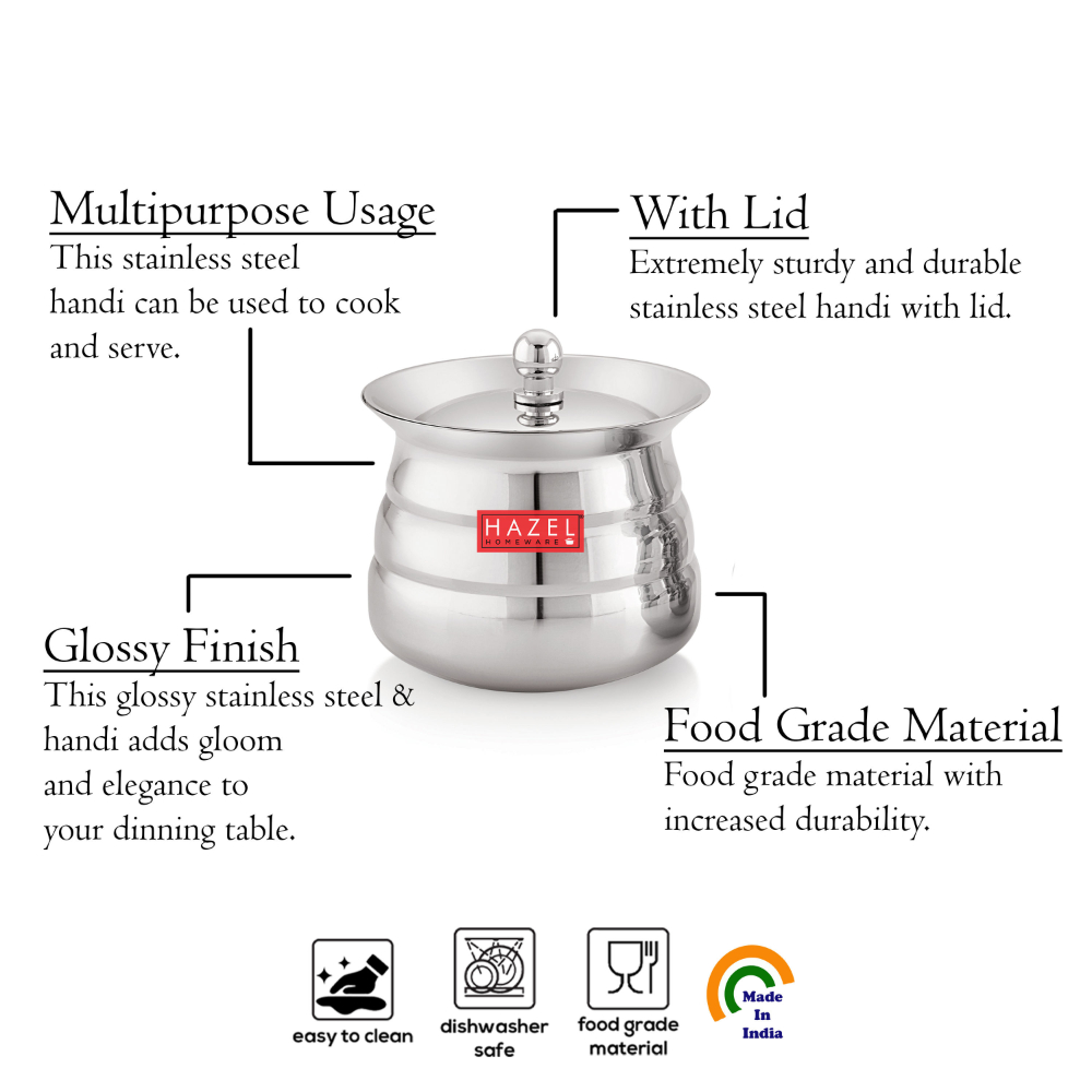 HAZEL Serving Handi with Lid | Dal Handi for Serving | Serving Handi Small with Lid | Dal Handi for Serving, 500 ml, Silver