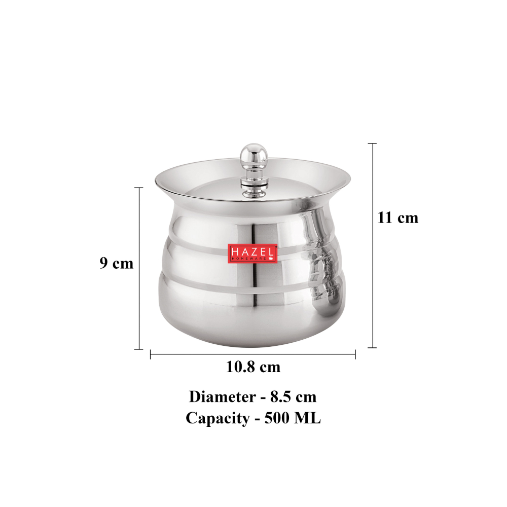 HAZEL Serving Handi with Lid | Dal Handi for Serving | Serving Handi Small with Lid | Dal Handi for Serving, 500 ml, Silver