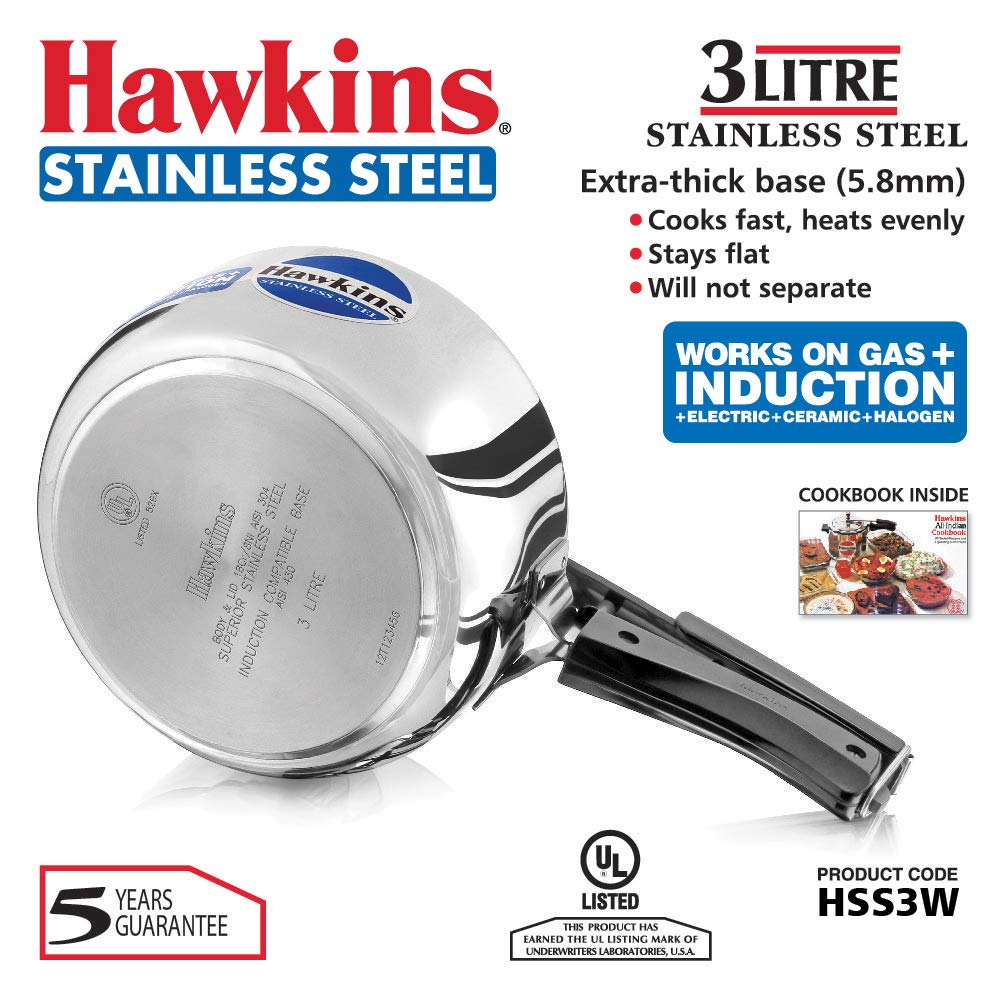 Hawkins Stainless Steel 3L Pressure Cooker with Induction Compatible Base (B60)