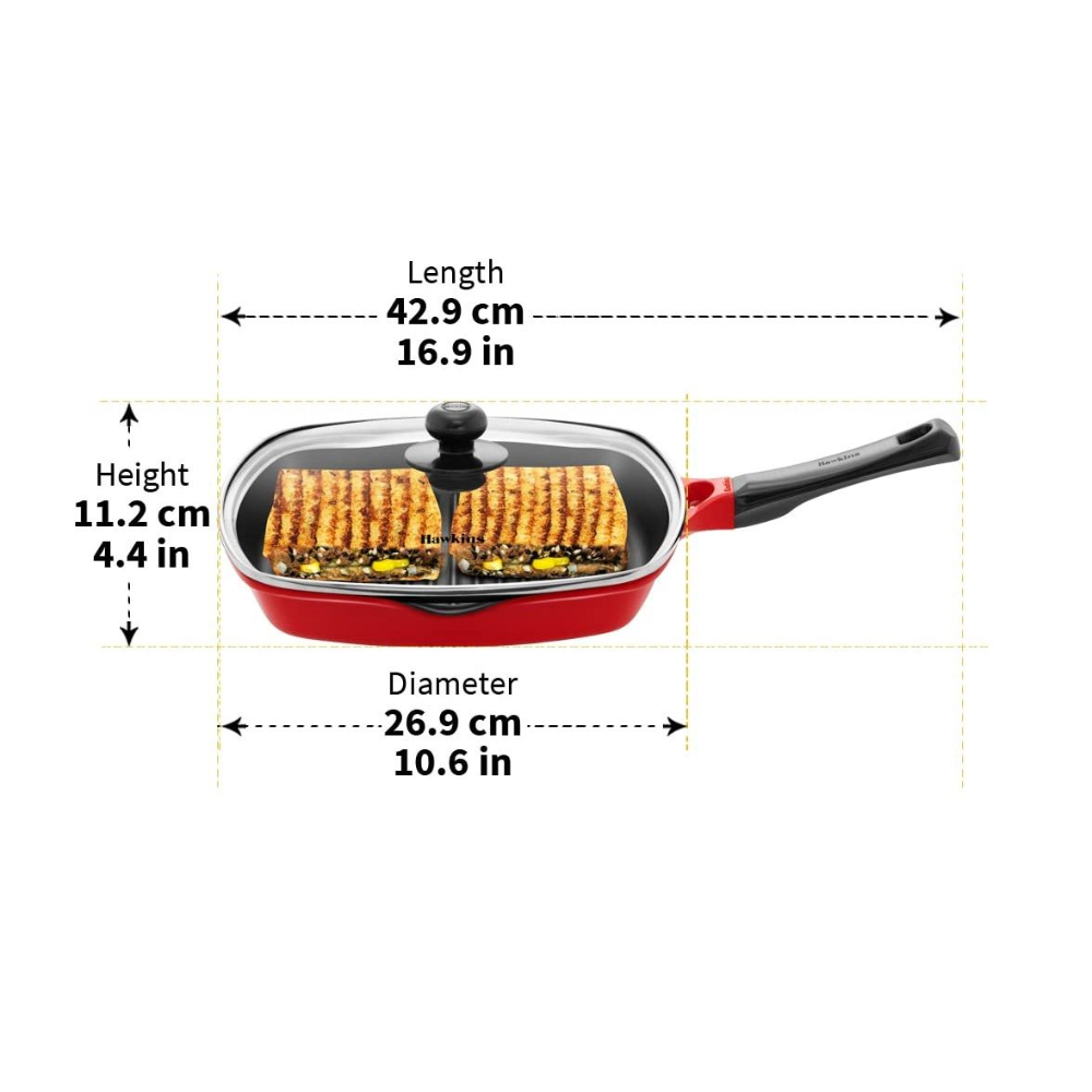 Hawkins 30 cm Grill Pan, Non Stick Die Cast Grilling Pan with Glass Lid, Square Grill Pan for Gas Stove, Ceramic Coated Pan, Roast Pan, Red