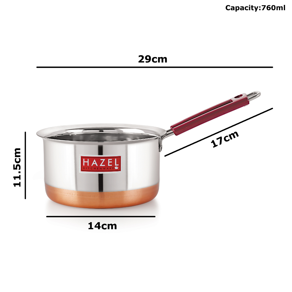 HAZEL Stainless Steel Milk Saucepan Copper Bottom Tea Pan With Fixed Rubber Grip Handle, 760 ML, Silver