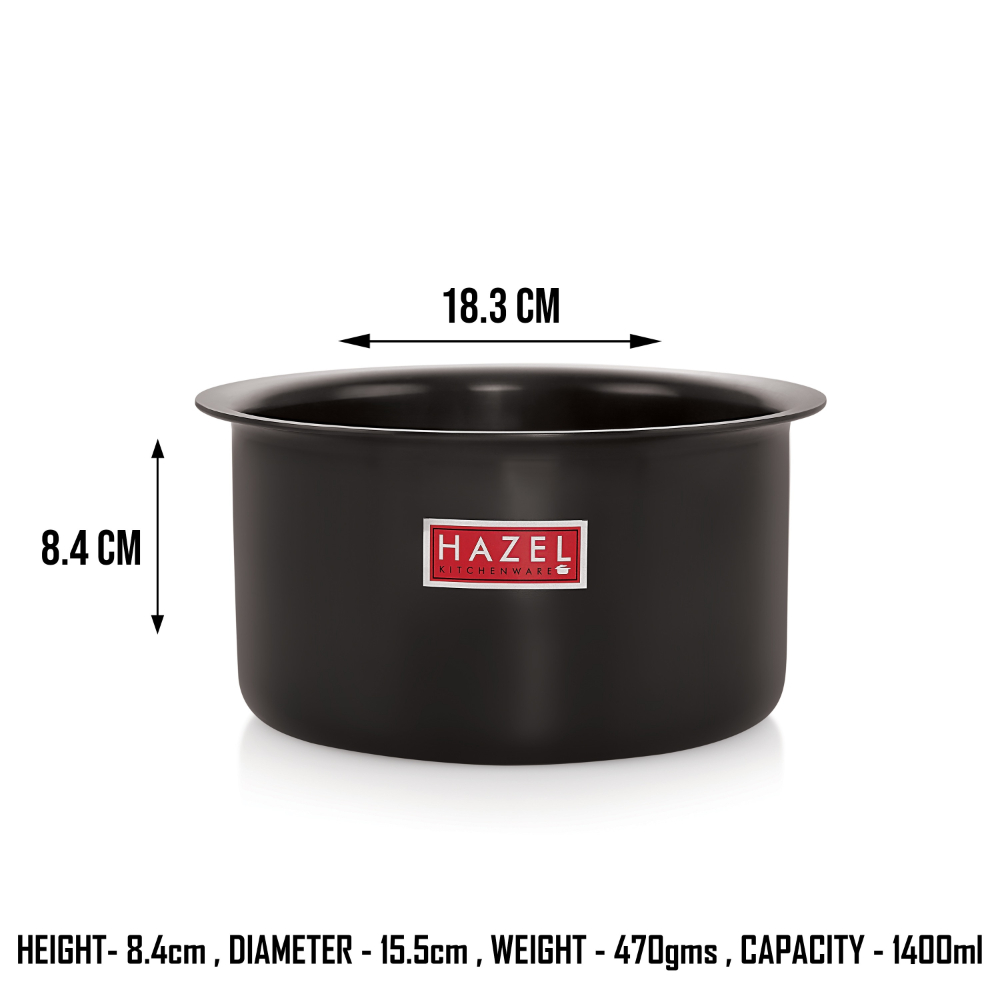 HAZEL Hard Anodised Tope Patila 3mm Aluminium Anodized Boiling Vessels Bhagona Dekchi, 1400 ml, 15.5 cm, Black