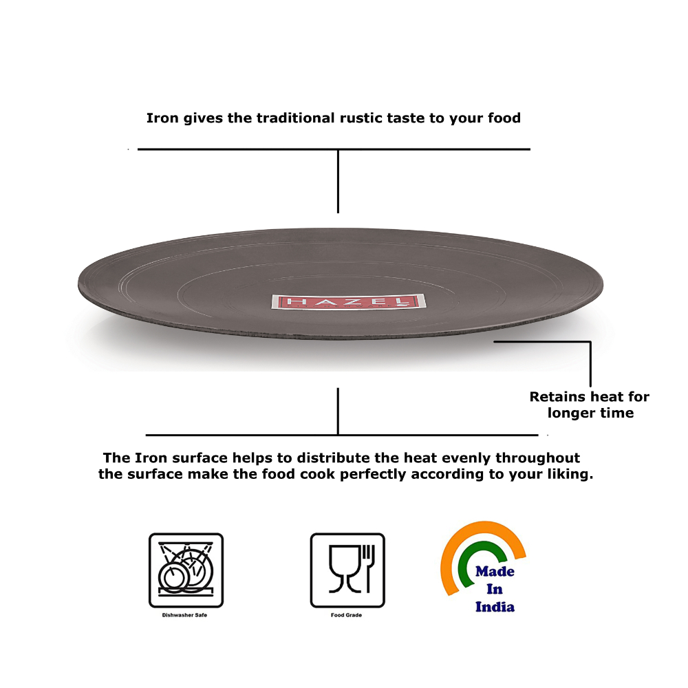 HAZEL Iron Tawa Without Handle For Dosa Roti Chapati Amboli Traditional Loha/Lokhand Tawa Flat Pan, 22 cm