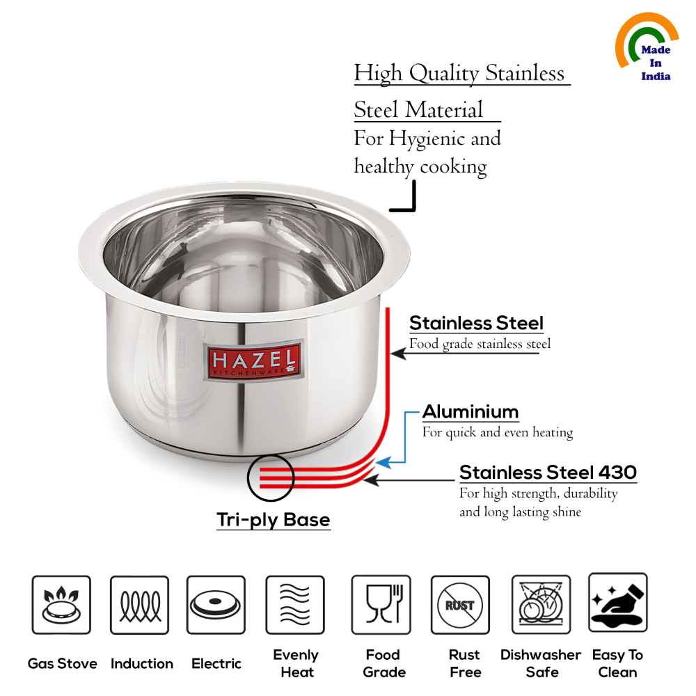 HAZEL Induction Bottom Tope Stainless Steel Heavy Base Thick Flat Bottom Patila Cookware Utensil For Cooking Rice Kitchen, 20.5 cm, 3900 ML