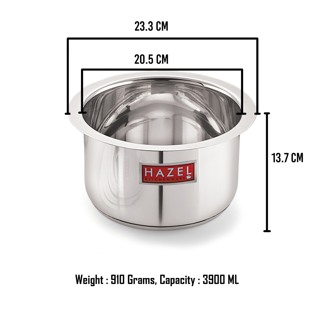 HAZEL Induction Bottom Tope Stainless Steel Heavy Base Thick Flat Bottom Patila Cookware Utensil For Cooking Rice Kitchen, 20.5 cm, 3900 ML