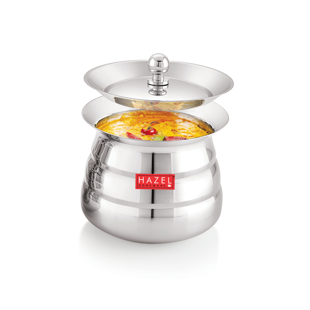 HAZEL Serving Handi with Lid | Dal Handi for Serving | Serving Handi Small with Lid | Dal Handi for Serving, 500 ml, Silver