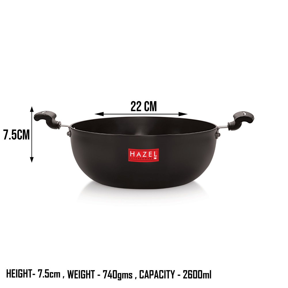 HAZEL 3 mm Hard Anodised Kadai Deep Aluminium Anodized Frying Kadhai with Induction base, 2600 ml, 22 cm, Black