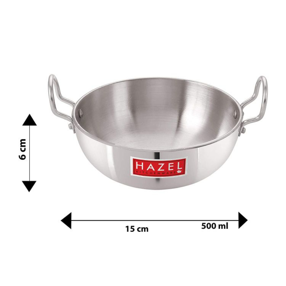 HAZEL 4 mm Aluminium Kadai With Handle, 500 ml, Silver.