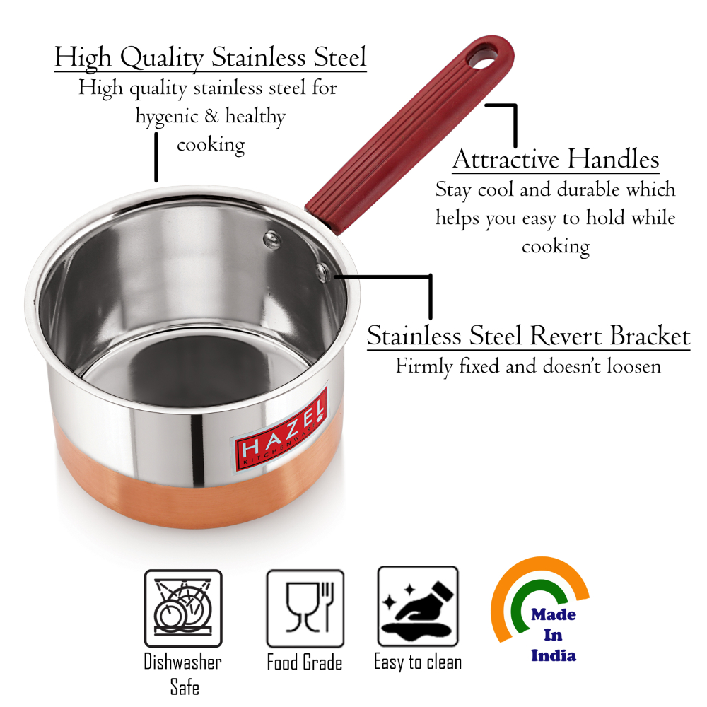 HAZEL Alfa Premium Heavy Gauge Stainless Steel Flat Patila Sauce Pan with Copper Bottom (1.5 ltr), Silver & Copper