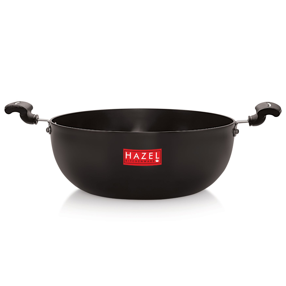 HAZEL 3 mm Hard Anodised Kadai Deep Aluminium Anodized Frying Kadhai with Induction base, 2600 ml, 22 cm, Black