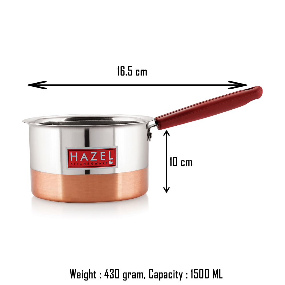 HAZEL Alfa Premium Heavy Gauge Stainless Steel Flat Patila Sauce Pan with Copper Bottom (1.5 ltr), Silver & Copper