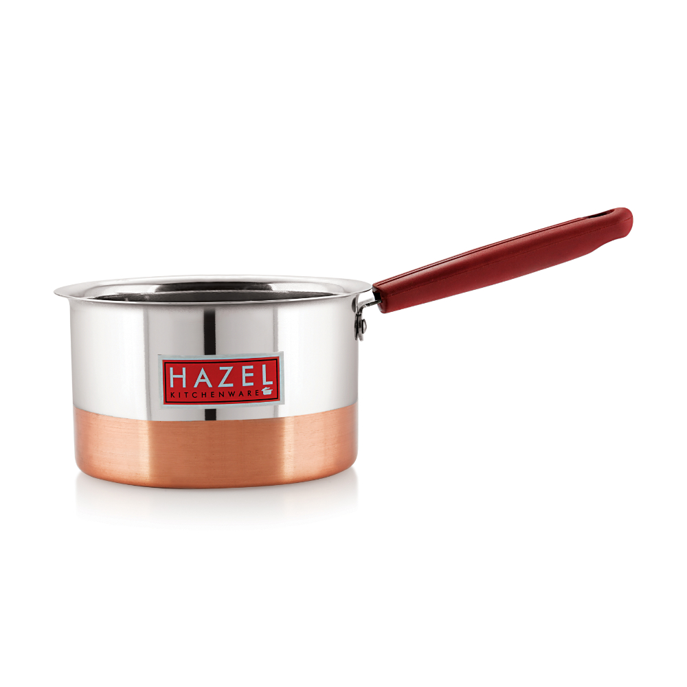 HAZEL Alfa Premium Heavy Gauge Stainless Steel Flat Patila Sauce Pan with Copper Bottom (1.5 ltr), Silver & Copper