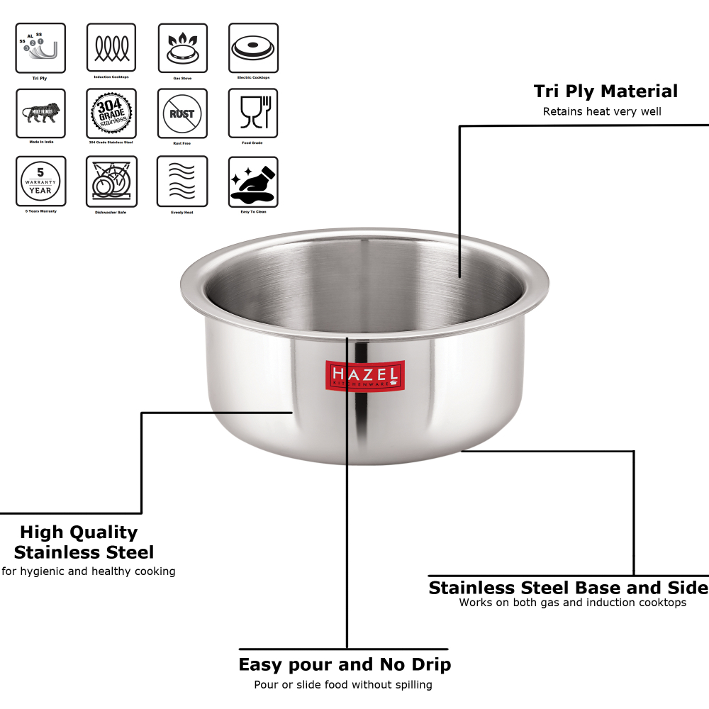 HAZEL Triply Stainless Steel Induction Bottom Tope, 2.3 Litre, 18.5 cm