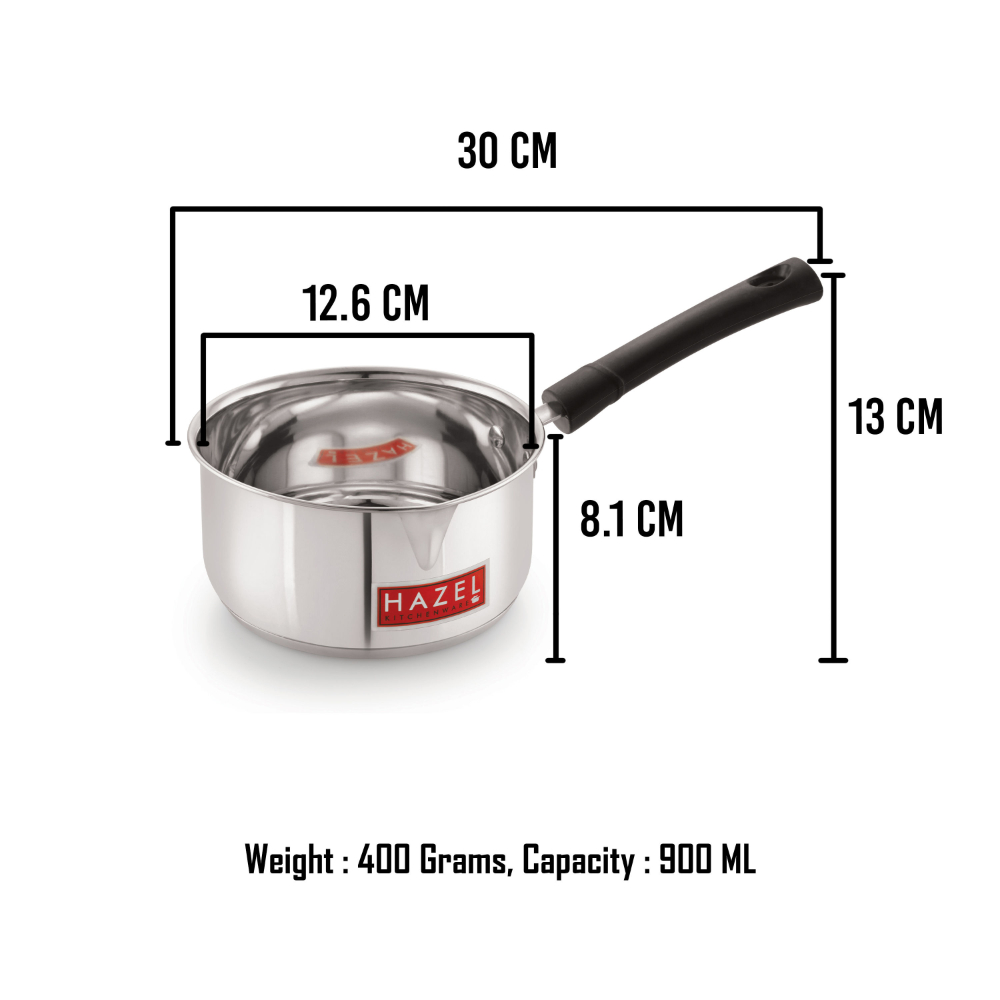 HAZEL Induction Bottom Sauce Pan Stainless Steel Saucepan Deep Bottom With Handle Induction Base For Tea Milk Maker Vessel Cooking, 12.6 cm, 900 ML