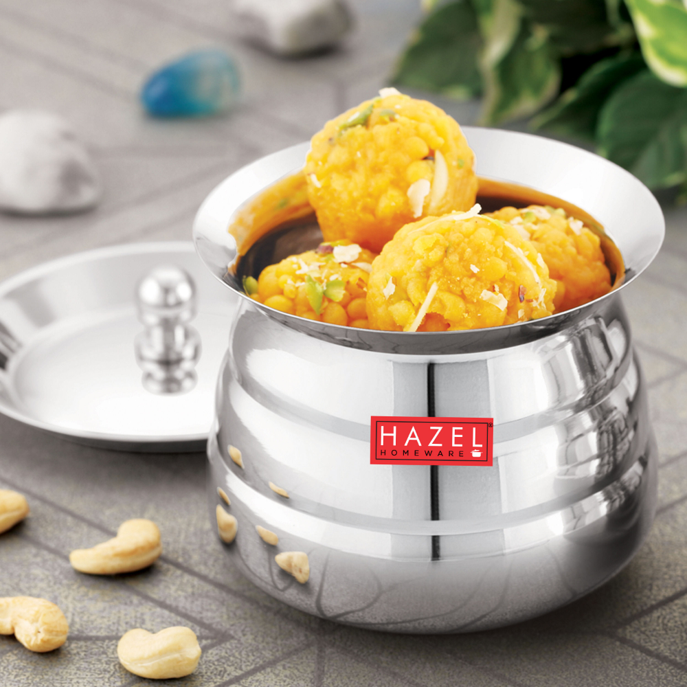 HAZEL Serving Handi with Lid | Dal Handi for Serving | Serving Handi Small with Lid | Dal Handi for Serving, 500 ml, Silver