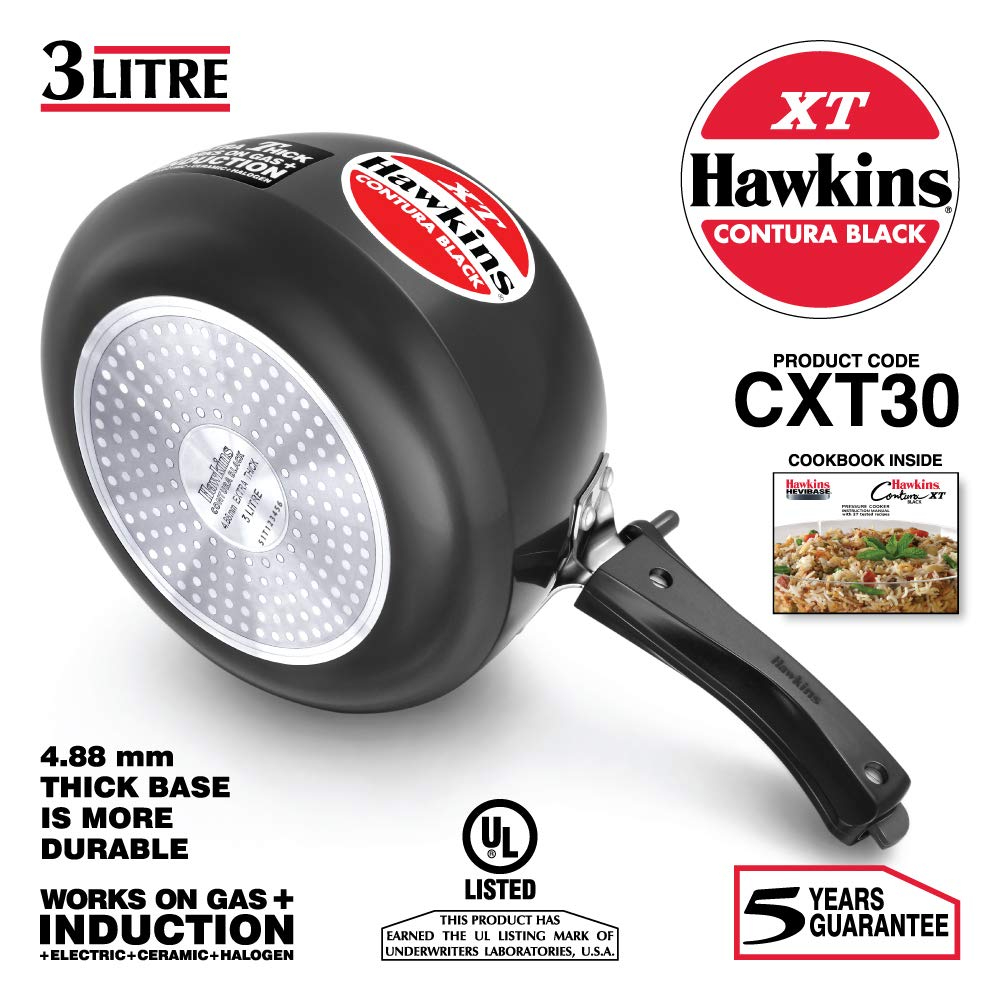 Hawkins Contura Black XT Hard Anodized 4.88 mm Extra Thick Induction Base Pressure Cooker, 3 Litre