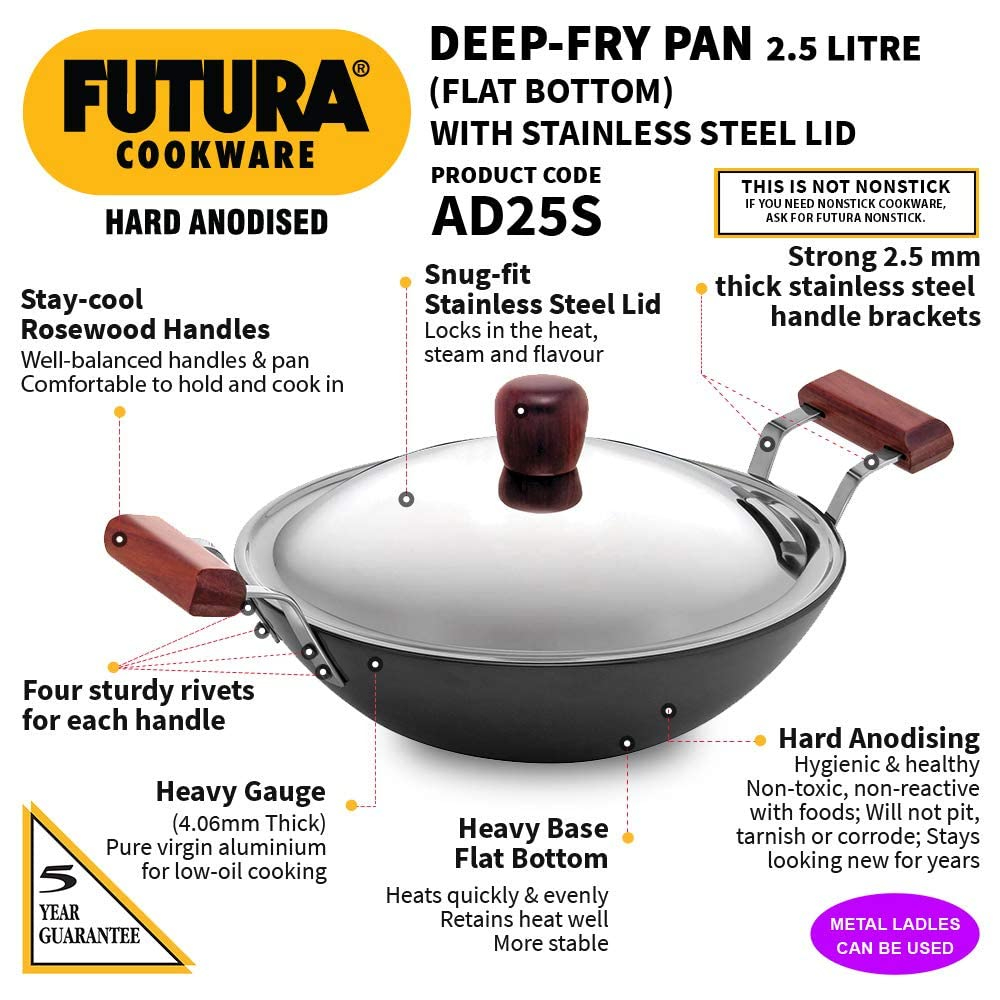 Hawkins Futura Hard Anodised 4.06 mm Deep-Fry Pan With Stainless Steel Lid 2.5 Ltr, 26 cm, Black