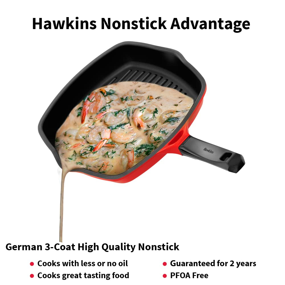 Hawkins 30 cm Grill Pan, Non Stick Die Cast Grilling Pan with Glass Lid, Square Grill Pan for Gas Stove, Ceramic Coated Pan, Roast Pan, Red