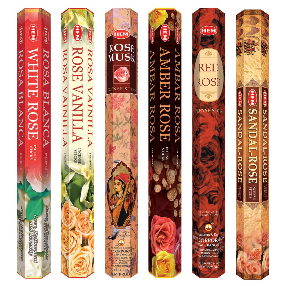 HEM - Rose Incense Combo Incense Sticks Agarbatti - Fragrances: White Rose, Rose Vanilla, Sandal Rose, Rose Musk, Red Rose & Amber Rose - Pack of 6-180g