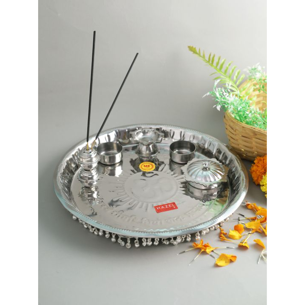 HAZEL Gungroo Pooja Steel Thali, Silver