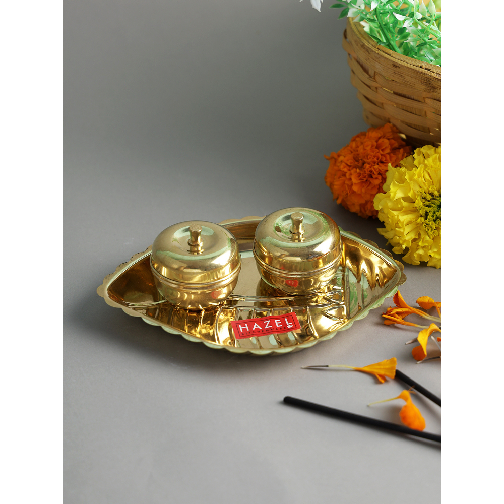 HAZEL Shank Karma Brass Puja Pooja Aarti Golden Thali, Golden