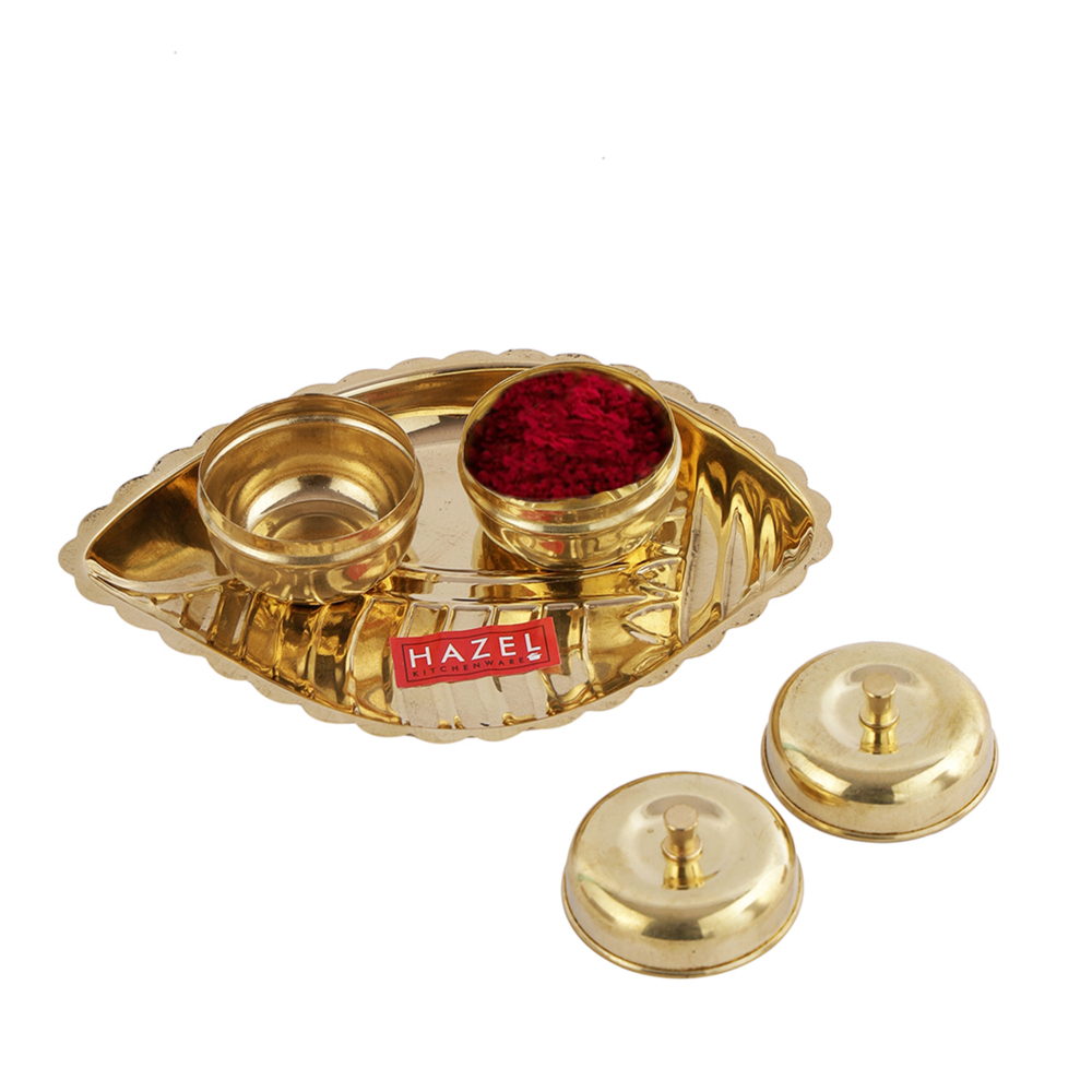 HAZEL Shank Karma Brass Puja Pooja Aarti Golden Thali, Golden