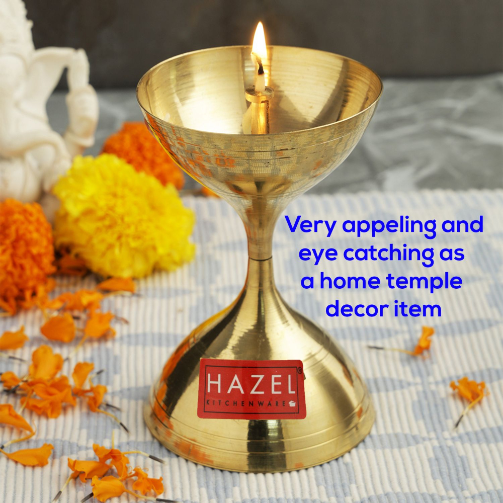 HAZEL Nanda Deep Brass Diya Oil Lamp Pooja, Large, Golden