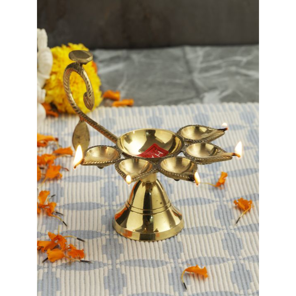 HAZEL Brass Pooja Aarti Panch Aarti Diya Dipak, Golden