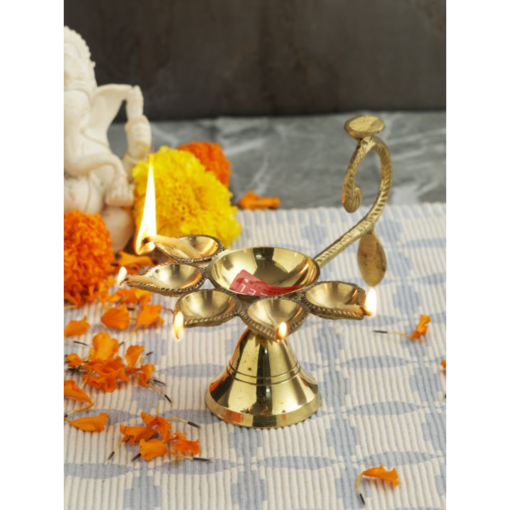 HAZEL Brass Pooja Aarti Panch Aarti Diya Dipak, Golden