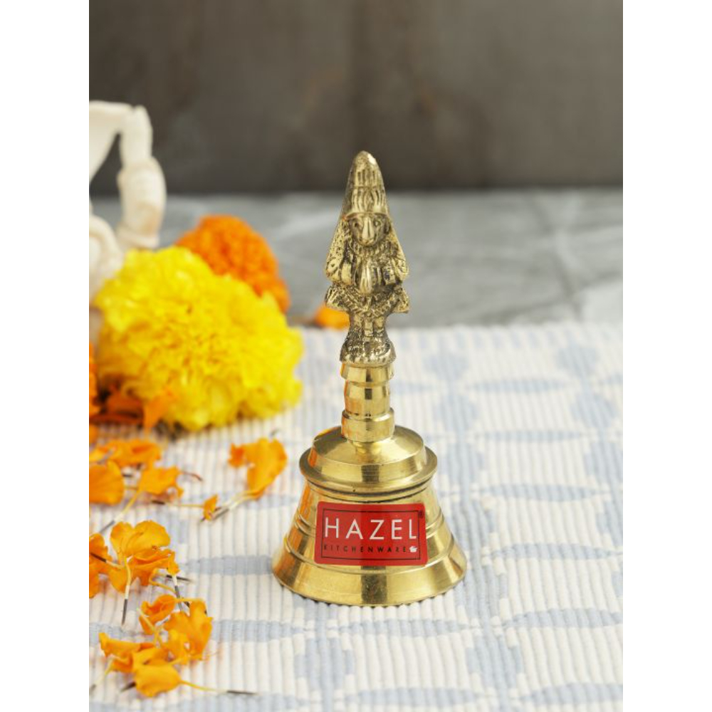 HAZEL Brass Pooja Bell Ghanti with Hanuman on top for Temple Home, Golden