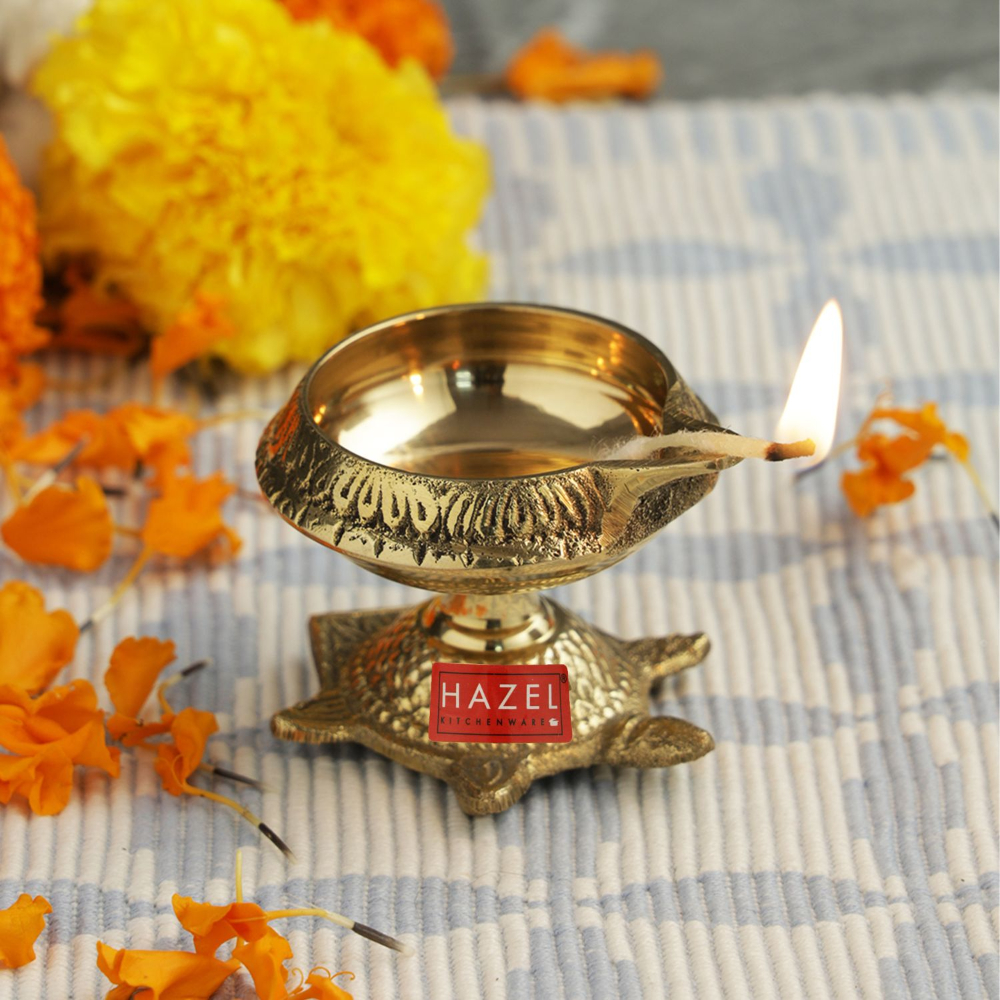 HAZEL Kanchua Kuber Brass Tortoise Diya, Small, Golden