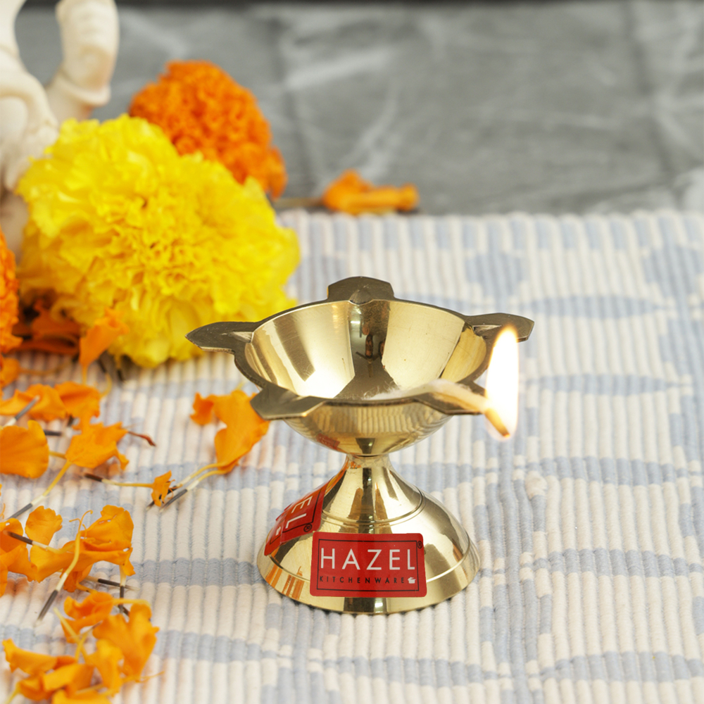 HAZEL New Punch Deevi Brass Diya Oil Lamp, Golden