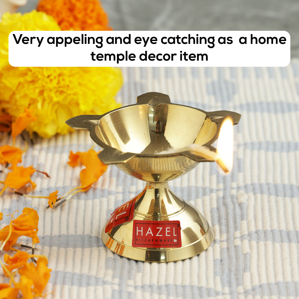 HAZEL New Punch Deevi Brass Diya Oil Lamp, Golden