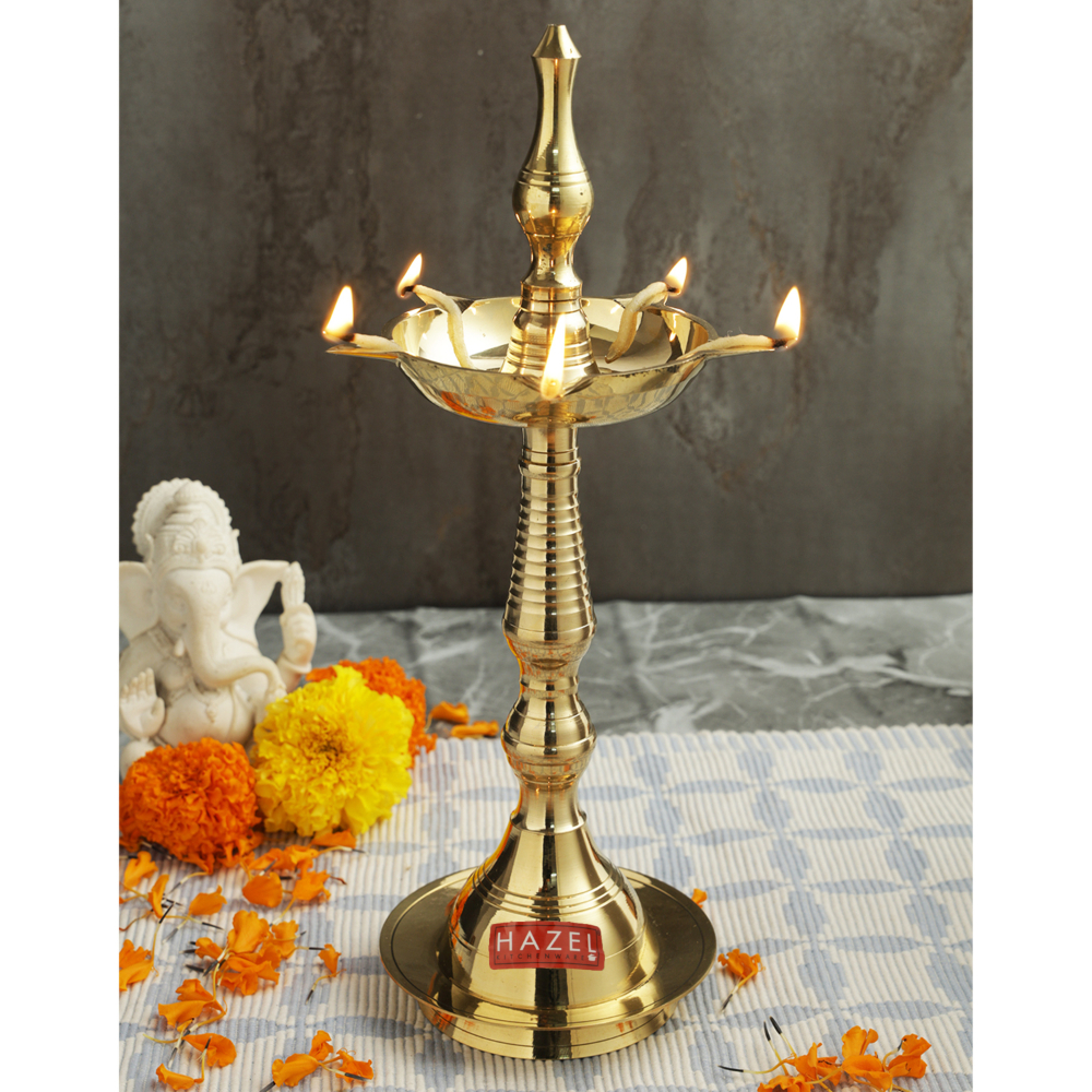 HAZEL Brass Fancy Kerela Samay Diya Oil Diwali Puja Lamp, Golden