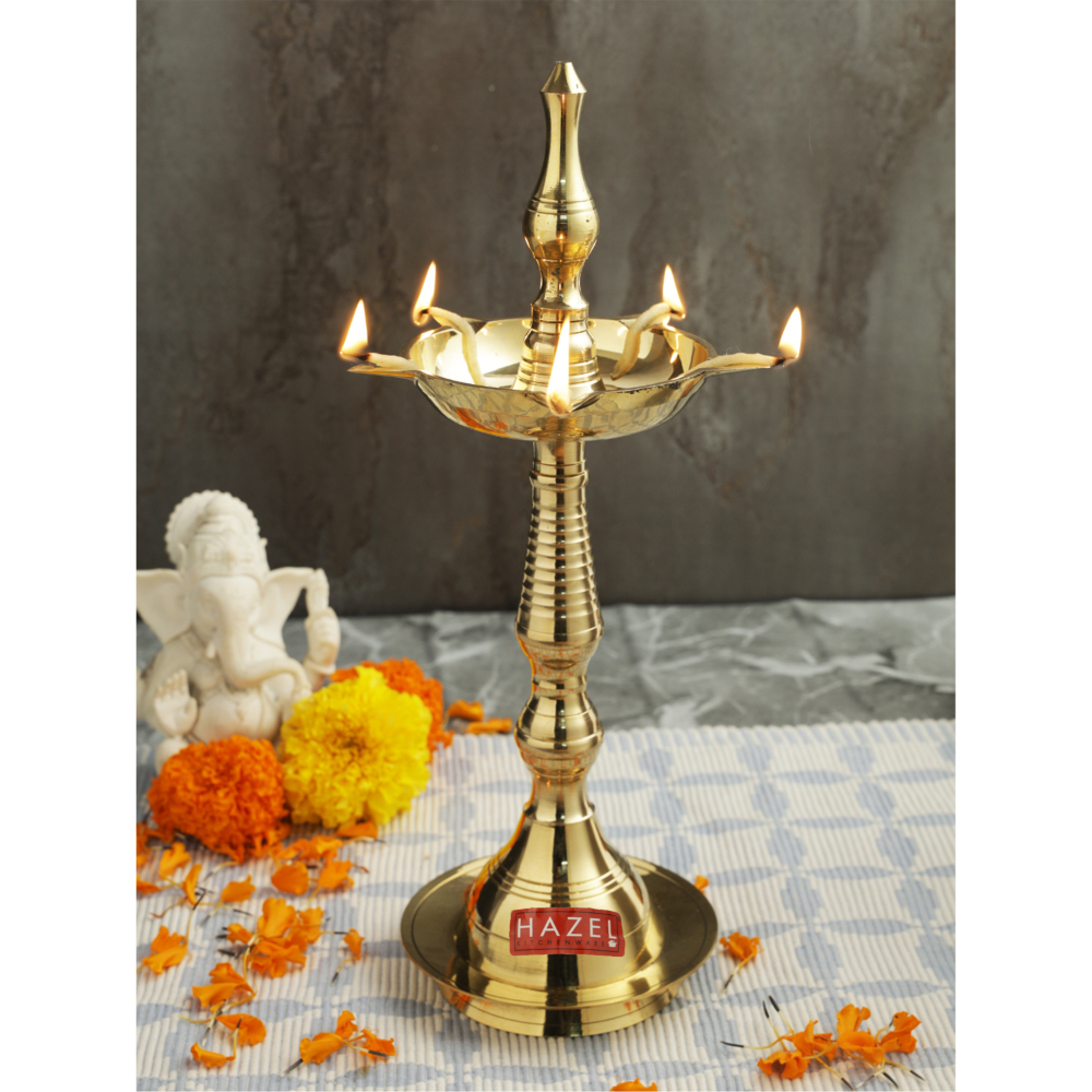 HAZEL Brass Fancy Kerela Samay Diya Oil Diwali Puja Lamp, Golden
