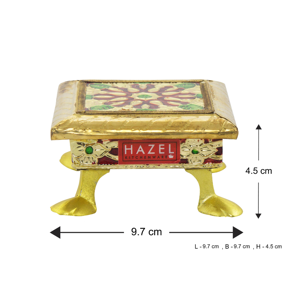 HAZEL Wooden Handcrafted Meenakari Work Square Chowki Chaurang Paat For Pooja, 4 x 4 Inch