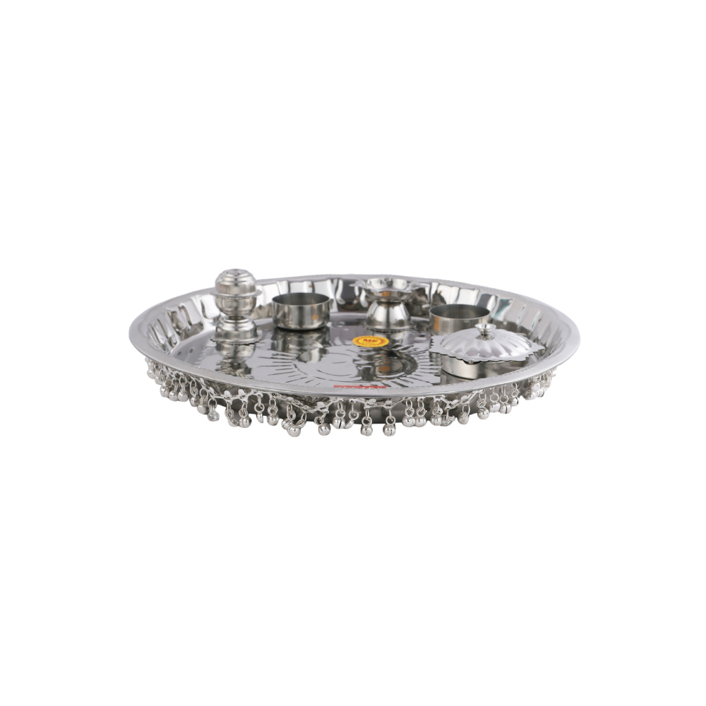 HAZEL Gungroo Pooja Steel Thali, Small, Silver