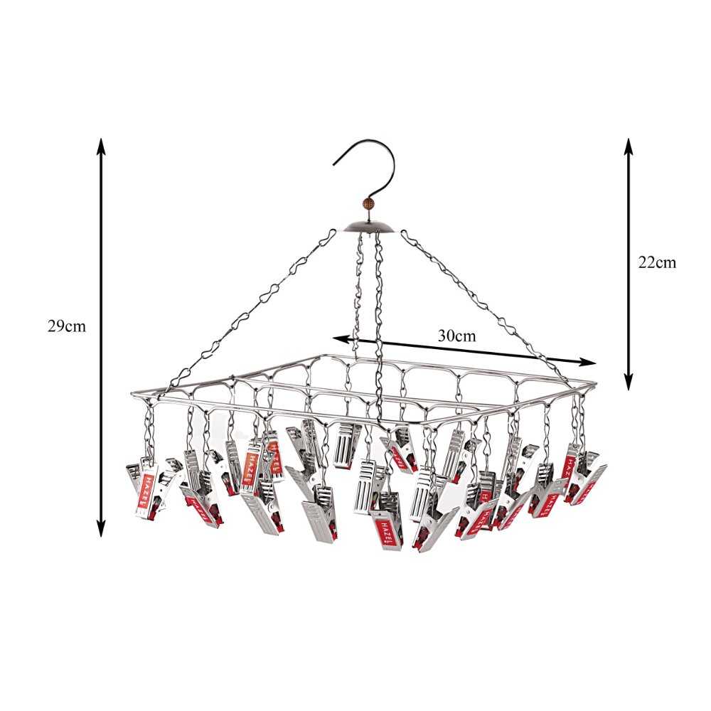 HAZEL Stainless Steel Square Hanger, 25 Clips with Plastic Grip, Silver