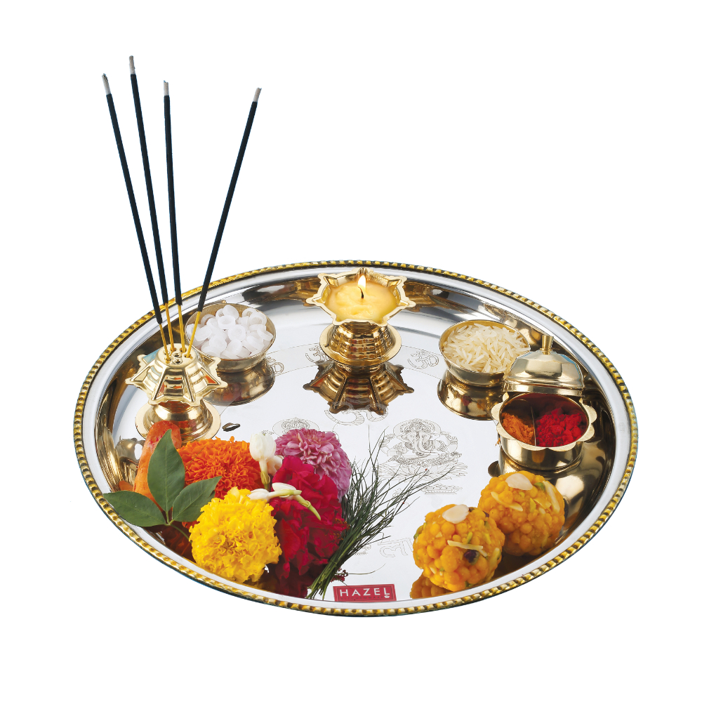 HAZEL Stainless Steel Puja Pooja Aarti Thali Set With 1pc Diya and 2pc wati 28 cm, Silver