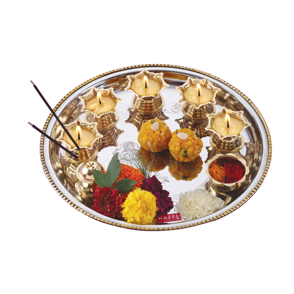 HAZEL Stainless Steel Puja Pooja Aarti Thali Set With 5 pc Diya 28 cm, Silver